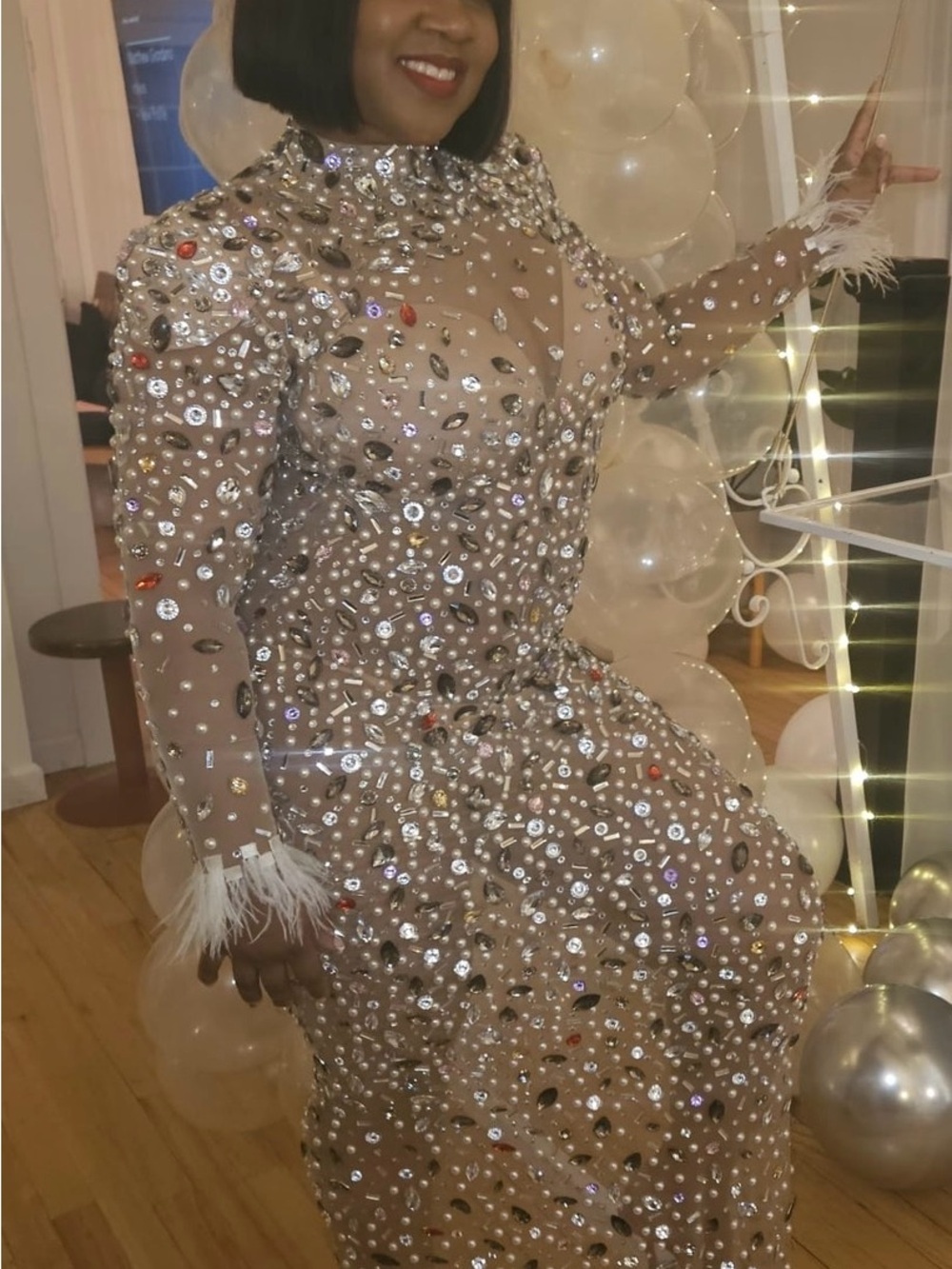 Glam Rhinestone Crystal Nude Maxi Gown with Feather Cuffs - Formal Evening Dress